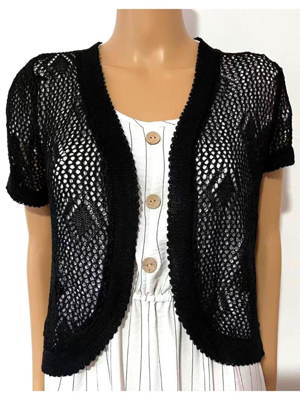 Women Summer Crochet Short Sleeve Crop Shoulder Shrug - One Size, Black